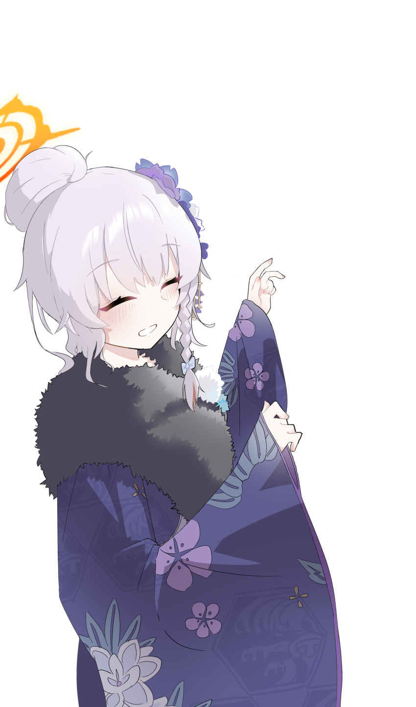 1girl :d ^_^ absurdres blue_archive blue_kimono bow braid cherry_blossom_print chinese_commentary closed_eyes commentary_request cowboy_shot facing_viewer floral_print floral_print_kimono flower fur-trimmed_kimono fur_trim grey_hair grin hair_bow hair_bun hair_flower hair_ornament halo hands_up happy haruna_(blue_archive) haruna_(new_year)_(blue_archive) highres japanese_clothes kanzashi kimono lcz long_sleeves medium_hair official_alternate_costume official_alternate_hairstyle open_mouth orange_halo pink_flower print_kimono simple_background single_braid single_hair_bun smile solo white_background white_bow wide_sleeves