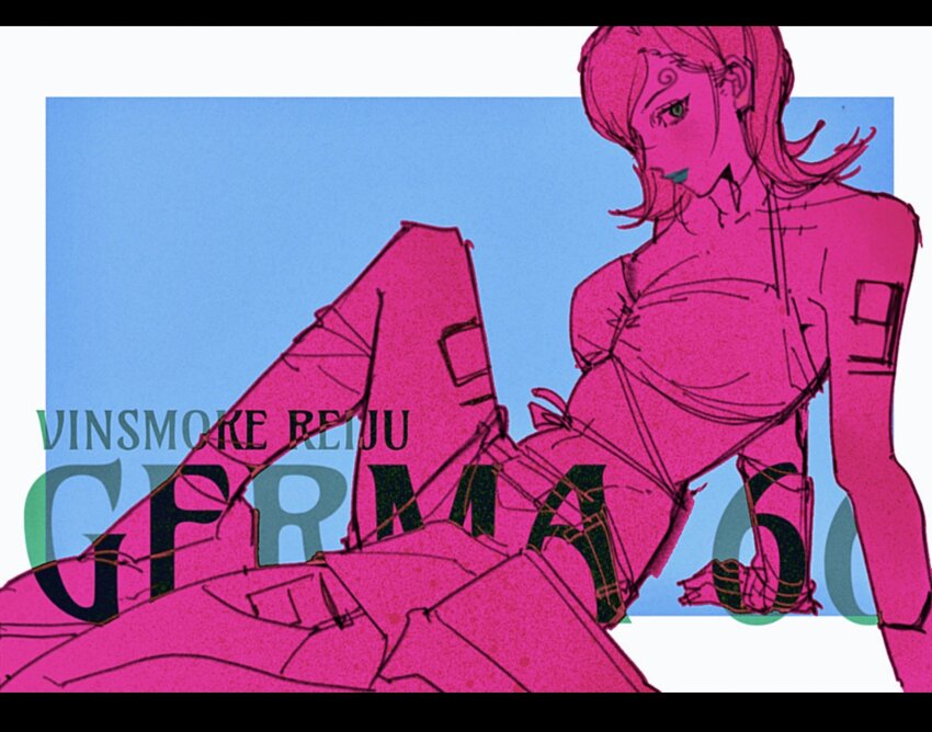 1girl arm_tattoo blue_background blue_eyes blue_lips character_name closed_mouth curly_eyebrows hand_rest hashtag-only_commentary highres letterboxed looking_at_viewer medium_hair one_piece onecata11 sitting solo tattoo vinsmoke_reiju