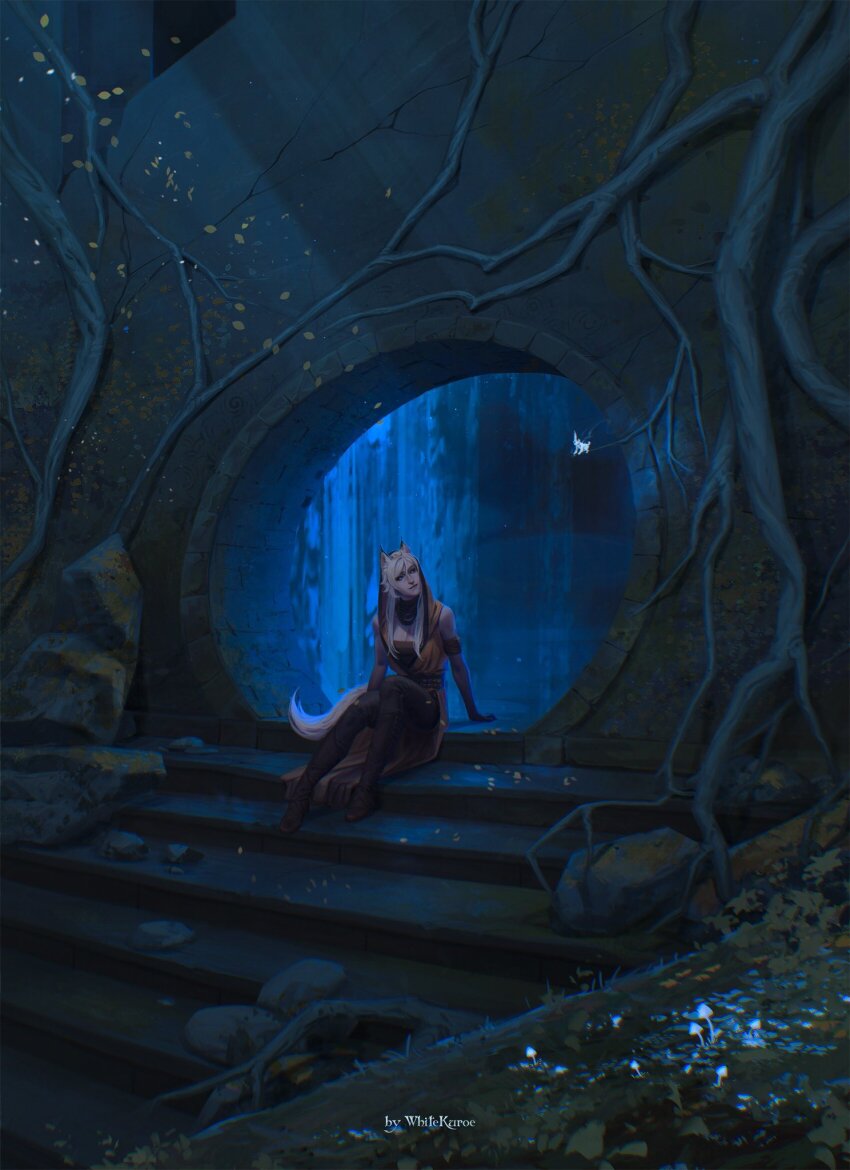 1girl animal_ears artist_name blonde_hair boots character_request copyright_request dress fantasy forest full_body highres hood long_hair nature night outdoors plant_roots scenery signature sitting solo tail tree wide_shot wkuroe