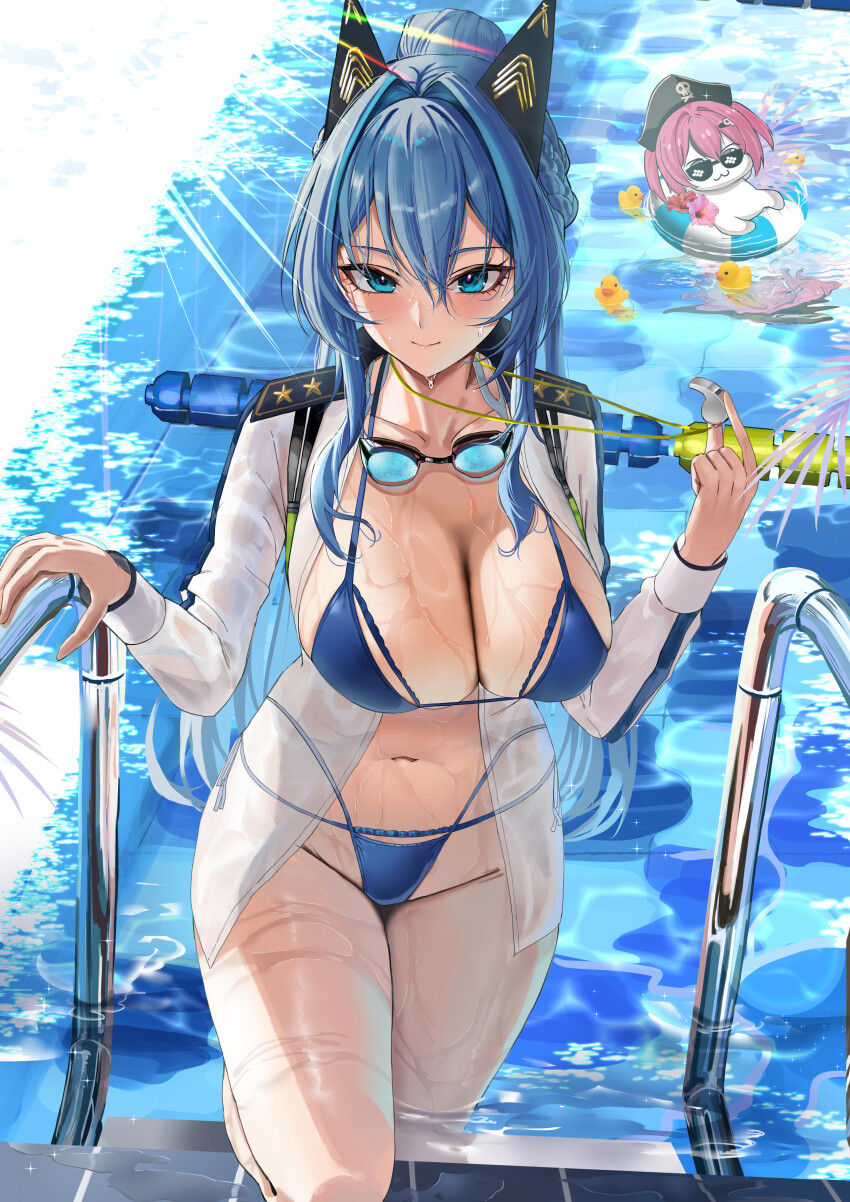 2girls absurdres bikini blue_bikini blue_eyes blue_hair breasts commentary doro_(nikke) goddess_of_victory:_nikke goggles goggles_around_neck helm_(aqua_marine)_(nikke) helm_(nikke) highres large_breasts long_hair looking_at_viewer mast_(nikke) multiple_girls navel official_alternate_costume pool pool_ladder rossy_(yowayowachimpo) rubber_duck shirt smile stomach striped_innertube swimsuit thighs wet wet_clothes wet_shirt white_shirt