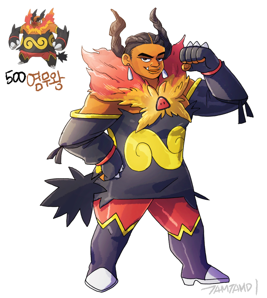 1girl black_footwear braid brown_hair clenched_hands closed_mouth colored_skin earrings emboar fangs fingerless_gloves full_body game_freak gen_5_pokemon gloves hair_horns hand_fan highres holding holding_fan jewelry muscular muscular_female nintendo orange_skin pig_girl pokemon pokemon_(creature) reference_inset signature simple_background standing tamtamdi translated white_background