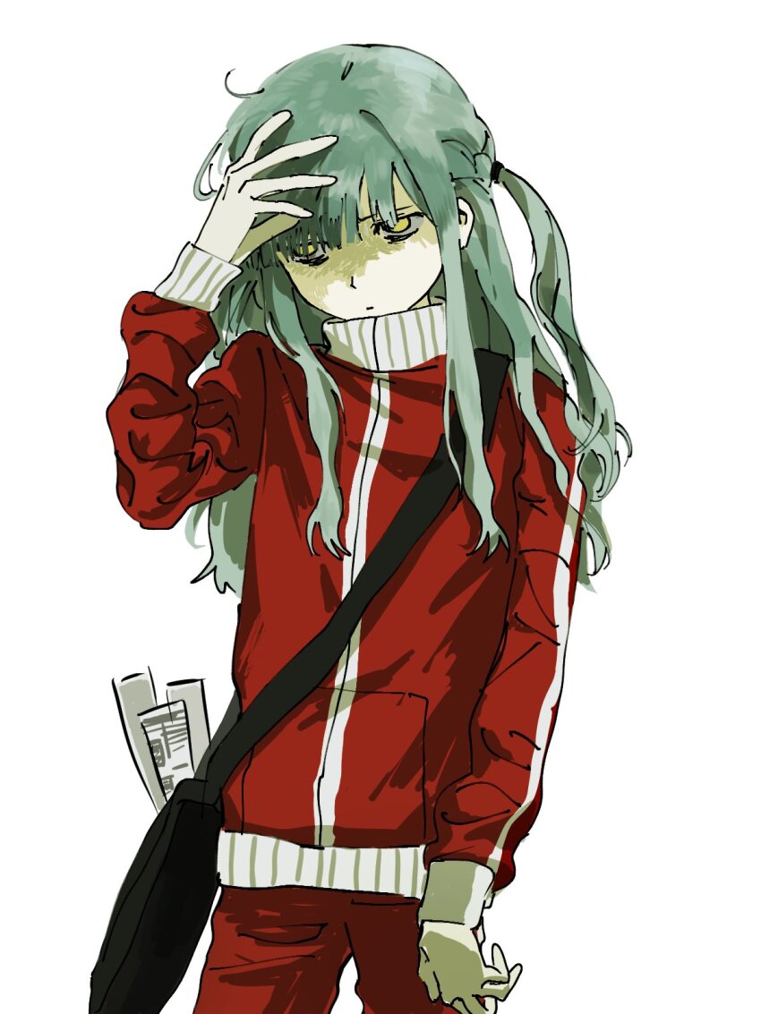 1girl aeo444 bag bang_dream! bang_dream!_it&#039;s_mygo!!!!! black_bag blue_hair closed_mouth cowboy_shot expressionless hand_on_own_head hand_up highres jacket long_hair long_sleeves newspaper pants popped_collar red_jacket red_pants rolled_up_newspaper shoulder_bag simple_background sleeve_cuffs solo togawa_sakiko track_jacket track_suit two_side_up white_background yellow_eyes zipper