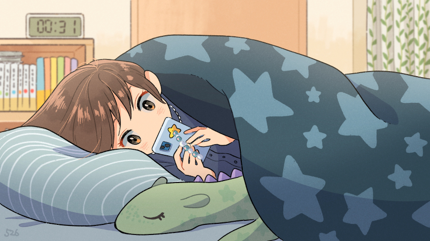 1girl alarm_clock blanket bookshelf brown_eyes brown_hair cellphone clock covered_mouth highres holding holding_phone indoors kojiro337 long_hair lying on_side original phone smartphone solo stuffed_toy under_covers