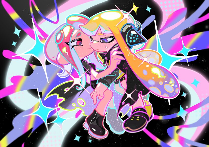 2girls agent_3_(splatoon) agent_8_(splatoon) bike_shorts black_cape black_shirt black_shorts black_skirt blonde_hair blue_eyes blue_hair blush boots cape crop_top gradient_hair hand_on_another&#039;s_leg hand_on_another&#039;s_shoulder headphones high-visibility_clothing high-visibility_vest highres imminent_kiss inkling inkling_girl inkling_player_character miniskirt multicolored_hair multiple_girls nintendo octoling octoling_girl octoling_player_character open_mouth red_eyes red_hair shirt shorts skirt smile splatoon_(series) splatoon_2 splatoon_2:_octo_expansion suction_cups sweatdrop tentacle_hair twintails two-tone_hair xiaoyunatie