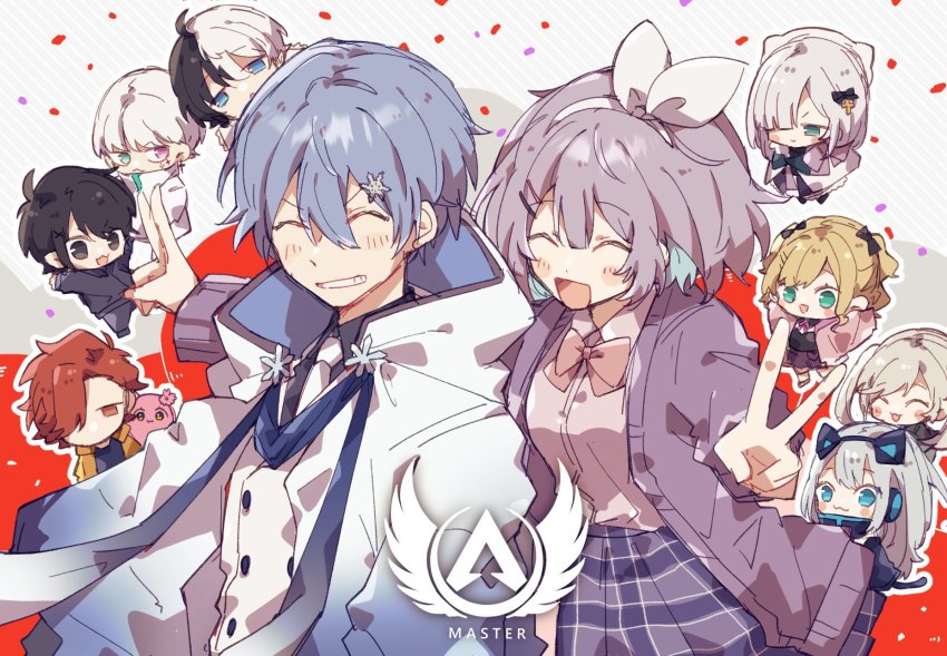 5boys 5girls ^_^ aimai_(aimailskl) annotated apex_legends arisakaaa_(crazy_raccoon) beret black_bow black_hair blonde_hair blue_eyes blush bow chibi closed_eyes crazy_raccoon gil_(gamer) hair_ornament hair_over_one_eye hair_ribbon hat heterochromia highres hood hooded_jacket indie_virtual_youtuber iris_black_games jacket kaga_sumire kamito_(vtuber) komori_met kurumi_noah lupinus_virtual_games multicolored_hair multiple_boys multiple_girls nanashi_inc. nijisanji nijisanji_kr nun_bora nun_bora_(2nd_costume) one_eye_covered open_hands original purple_eyes purple_sweater real_life reignite restya ribbon shirayuki_reid smile snowflake_hair_ornament split-color_hair sqla sweater tempplex two-tone_hair v v-shaped_eyebrows v_ap_art vgaming virtual_youtuber vspo! white_hair white_headwear white_jacket white_ribbon