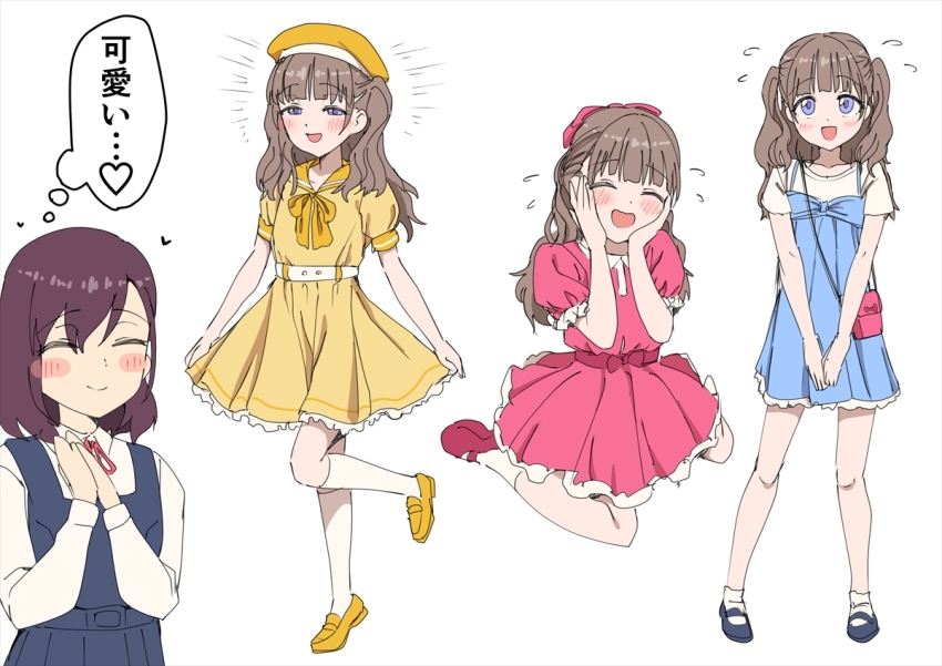 2boys :d ^_^ bag beret blue_dress blush_stickers bow closed_eyes cosplay covering_crotch covering_privates dress flying_sweatdrops hair_bow hands_on_own_cheeks hands_on_own_chest hands_on_own_face hat heart hokuro_ryuuseigun junior_(hokuro_ryuuseigun) kneehighs loafers mary_janes multiple_boys multiple_views open_mouth original own_hands_together pinafore_dress pink_dress puffy_short_sleeves puffy_sleeves purple_eyes sailor_dress school_uniform shoes short_sleeves shoulder_bag sleeveless sleeveless_dress smile socks student_council_president_(hokuro_ryuuseigun) translated trap white_socks yaoi yellow_dress yellow_shoes