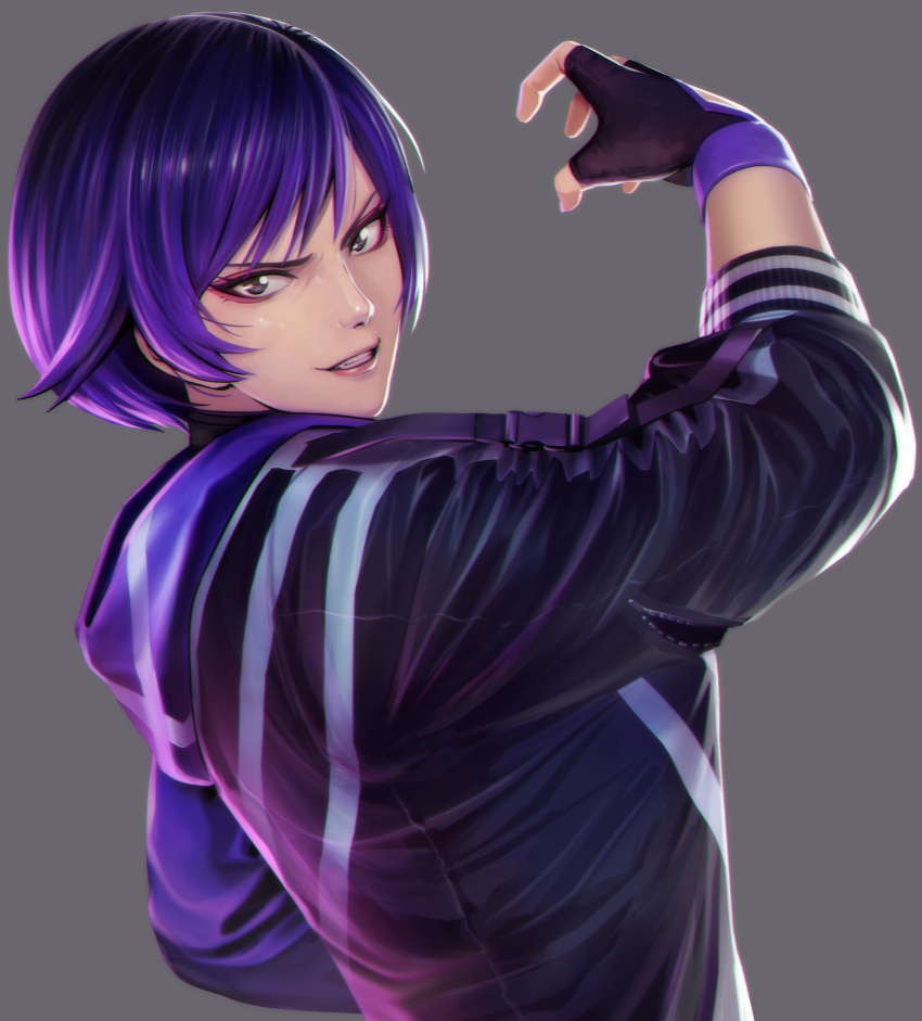 1girl absurdres black_hair black_jacket fingerless_gloves gloves grey_background grey_eyes highres hood hooded_jacket jacket kou_(ssdd) looking_at_viewer purple_hair purple_jacket reina_(tekken) short_hair simple_background smirk solo tekken tekken_8 upper_body