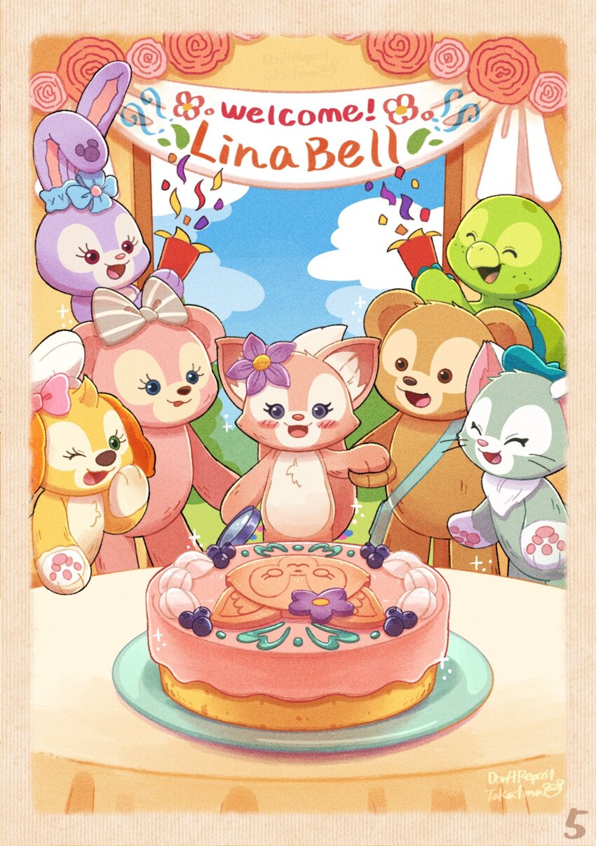 3boys 4girls animal_ears bear_girl cat_ears cookieann duffy_and_friends duffy_the_disney_bear fox_girl gelatoni highres linabell long_sleeves looking_at_viewer multiple_boys multiple_girls no_humans olu_mel rabbit_ears rabbit_girl shelliemay shirt smile stellalou stuffed_animal stuffed_toy takatmaorange turtle_boy