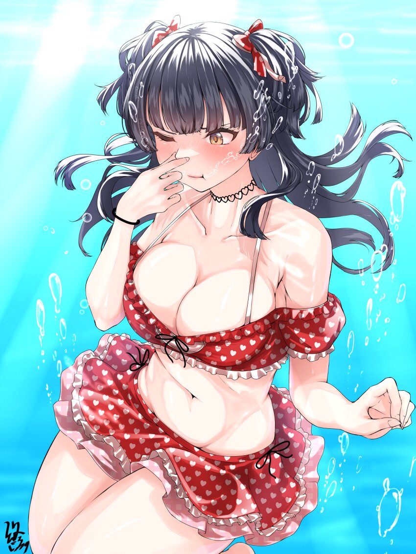 1girl absurdres air_bubble armpit_crease bare_shoulders bikini black_hair blunt_bangs blunt_ends blush bow breasts brown_eyes bubble choker cleavage closed_mouth collarbone commentary commission cowboy_shot curvy endo_yohane eyelashes floating_clothes floating_hair frilled_bikini frills hair_bow hair_ribbon halterneck hand_up heart heart_choker heart_print highres holding_nose idolmaster idolmaster_shiny_colors large_breasts lips long_hair mayuzumi_fuyuko navel off-shoulder_bikini off_shoulder one_eye_closed red_bikini red_bow red_ribbon ribbon sidelocks signature skeb_commission solo stomach swimsuit tsurime two_side_up underwater