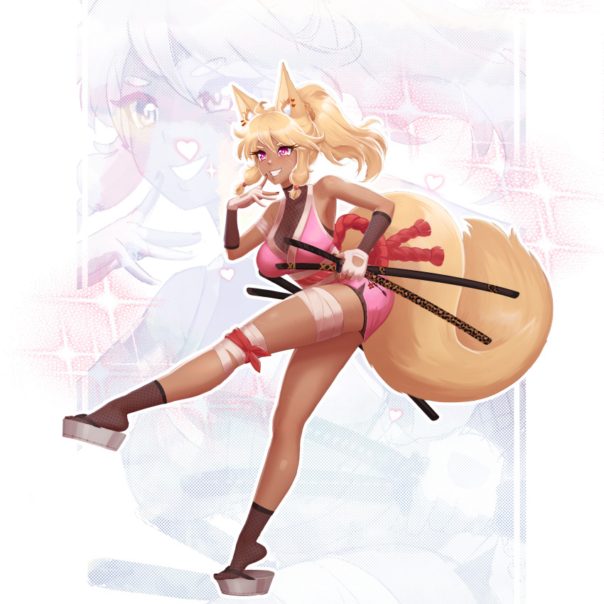 1girl absurdres animal_ear_fluff animal_ears animal_print bandages bare_shoulders blonde_hair breasts dark-skinned_female dark_skin earrings fishnet_armwear fishnet_socks fishnet_top fishnets fox_ears fox_girl fox_tail full_body gloves gyaru hair_between_eyes hair_ornament heart high_ponytail highres holding holding_sheath holding_sword holding_weapon japanese_clothes jewelry katana kimono kitsune large_breasts leg_up leopard_print multiple_swords nail_polish ninja obi okobo original pink_eyes pink_kimono platform_sandals ponytail purple_eyes rolleta_sousa samurai sandals sash sheath sheathed short_kimono simple_background sleeveless smile socks solo standing standing_on_one_leg sword tail tan thick_thighs thigh_strap thighs weapon white_background yellow_fur