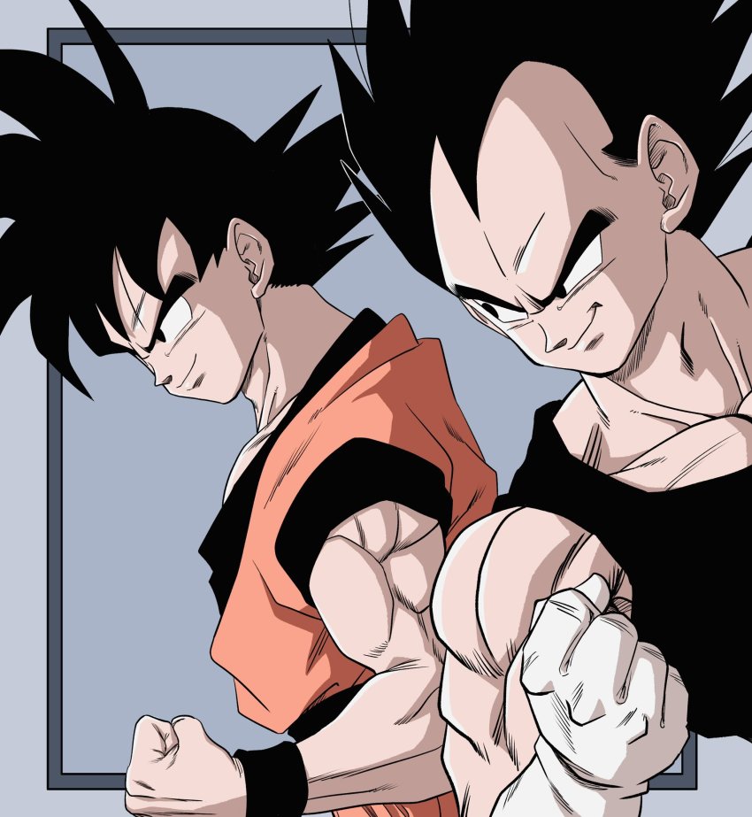 2boys black_eyes black_hair black_tank_top border clenched_hand dougi dragon_ball dragonball_z dutch_angle gloves grey_border highres lee_(dragon_garou) looking_afar male_focus multiple_boys muscular muscular_male pectorals shade sidelighting smirk son_goku spiked_hair square tank_top upper_body vegeta white_gloves wristband
