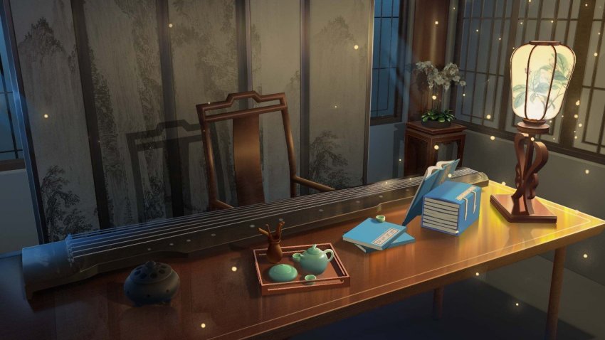 architecture book book_stack chair chinese_commentary commentary_request cup east_asian_architecture flower flower_pot guzheng incense_burner instrument lamp light night night_sky no_humans open_book original plant scenery shadow sky table teacup teapot window wooden_table xingzhi_lv