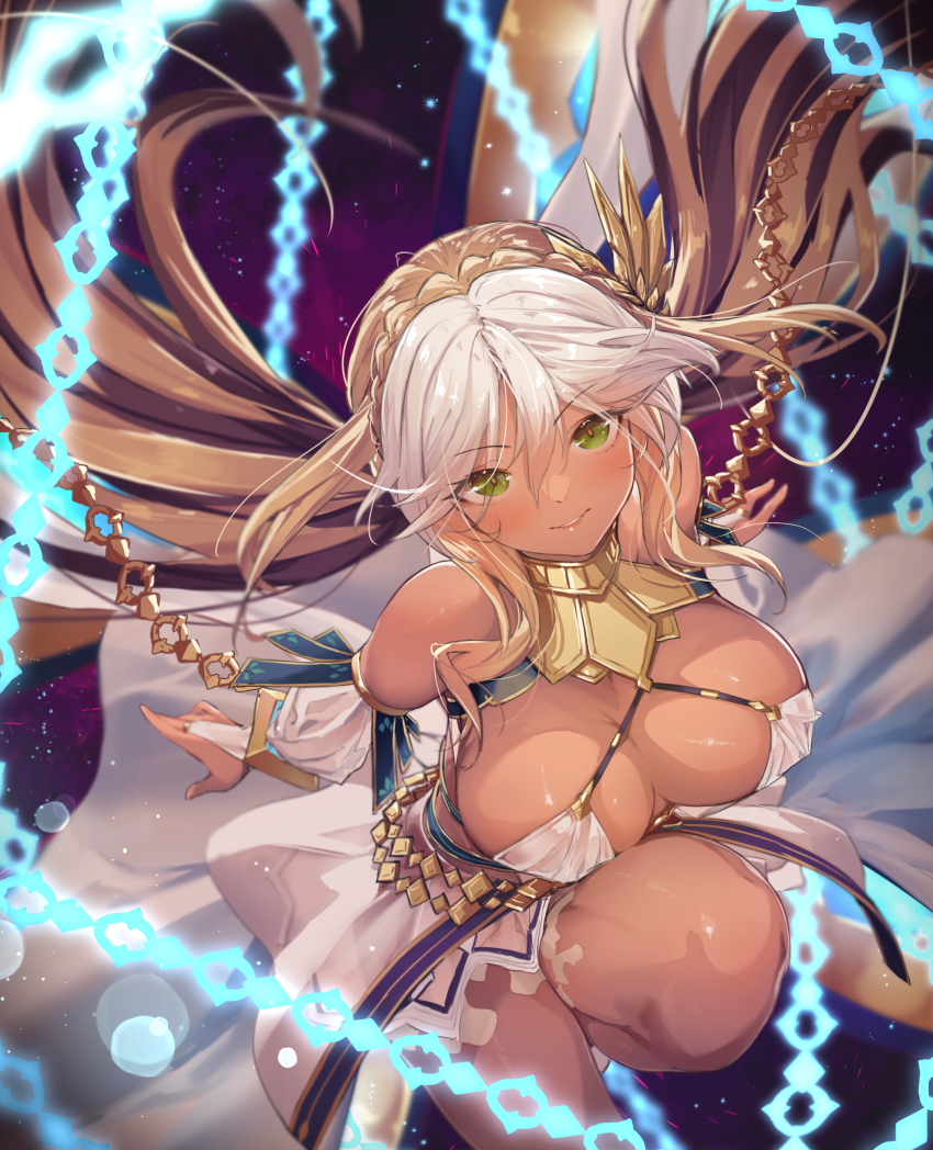 1girl absurdres andromeda_(fate) andromeda_(first_ascension)_(fate) armlet bare_shoulders belly_chain blonde_hair blush braid breasts chain cleavage closed_mouth collar crown_braid cuffs dark-skinned_female dark_skin detached_sleeves dress fate/grand_order fate_(series) gold_teeth green_eyes hair_ornament highres jaws jewelry large_breasts long_hair looking_at_viewer low_twintails metal_collar multicolored_hair shackles short_dress sidelocks smile solo thighs twintails two-tone_hair ura_illust white_dress white_hair