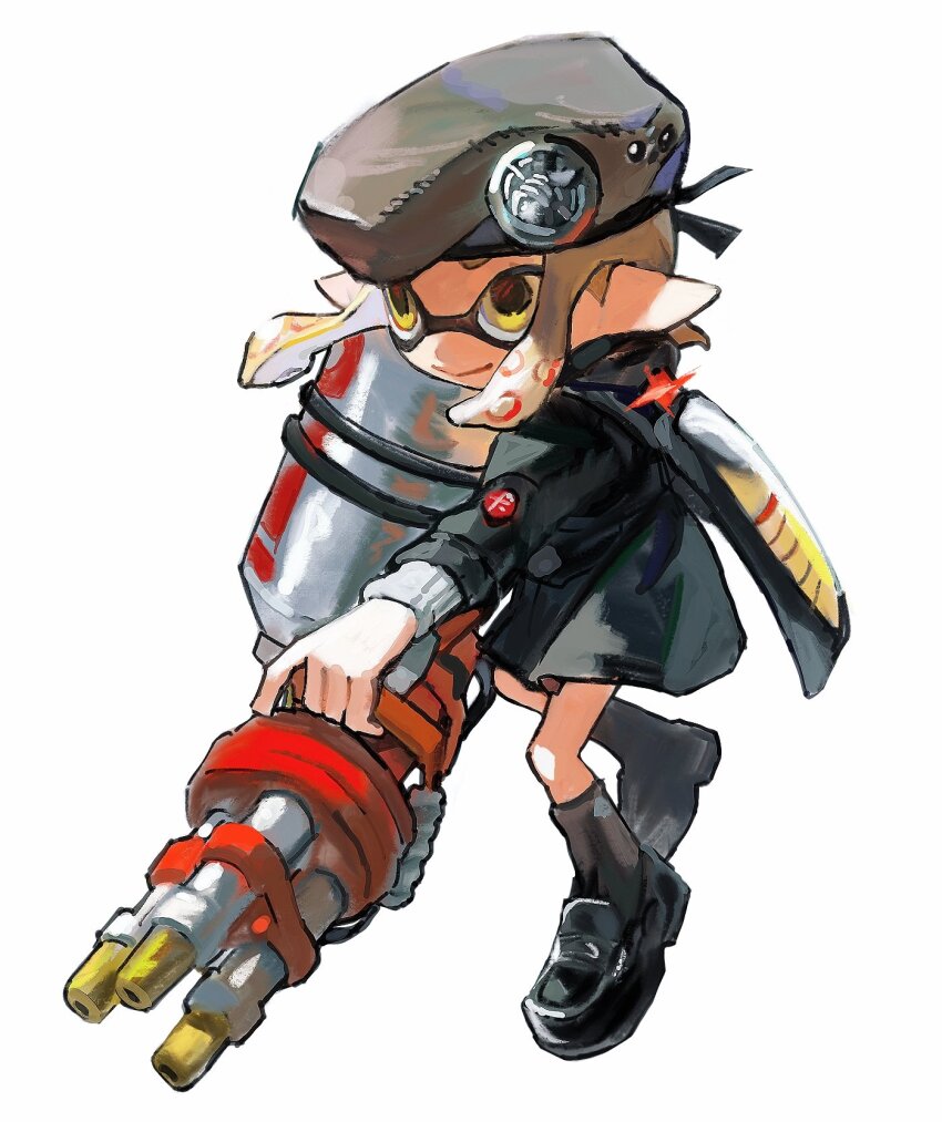 1girl beret black_jacket black_shoes black_socks blonde_hair closed_mouth commentary full_body green_hat hat highres holding holding_weapon hydra_splatling_(splatoon) ink_tank_(splatoon) inkling inkling_girl inkling_player_character jacket loafers long_sleeves miko_(15476997) nintendo pointy_ears shoes short_hair smile socks solo splatoon_(series) symbol-only_commentary tentacle_hair weapon white_background yellow_eyes