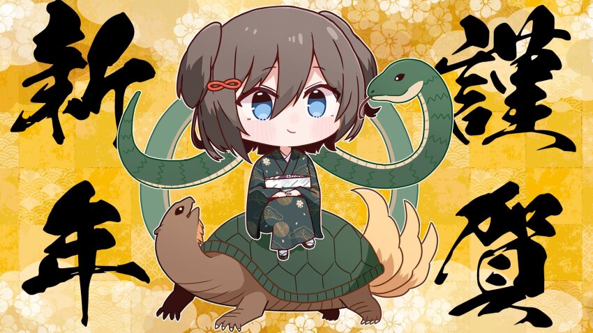 1girl blue_eyes brown_hair chibi chibi_only chinese_zodiac closed_mouth denonbu green_kimono hair_between_eyes hair_ears hair_ornament highres infinity_symbol japanese_clothes kimono long_sleeves looking_at_viewer official_alternate_costume official_art ogami_matoi outline purin_a_la_mode_(popup) sandals second-party_source short_hair sitting smile snake solo translated turtle white_outline year_of_the_snake yellow_background