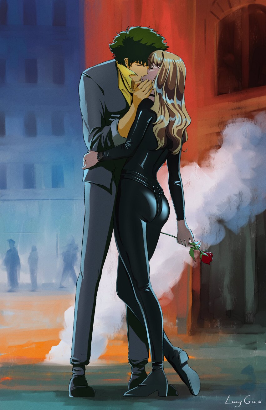 1boy 1girl absurdres artist_name ass blonde_hair catsuit couple cowboy_bebop curly_hair flower green_hair hetero highres julia_(cowboy_bebop) kiss lucyguusi rose spike_spiegel
