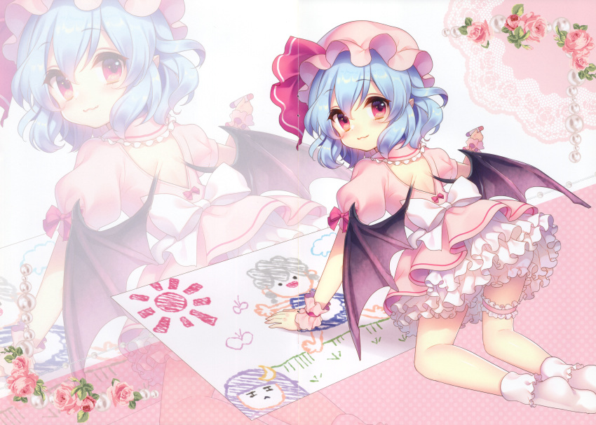 1girl :3 absurdres all_fours back_bow back_cutout bat_wings bloomers blue_hair bobby_socks bow child&#039;s_drawing closed_mouth clothing_cutout crayon crease doily dress fang frilled_thigh_strap hair_between_eyes hat highres holding holding_crayon izayoi_sakuya looking_at_viewer looking_back masaru.jp no_shoes patchouli_knowledge petticoat pink_dress pink_hat pointy_ears puffy_short_sleeves puffy_sleeves red_eyes remilia_scarlet scan short_hair short_sleeves skin_fang socks solo thigh_strap third-party_source touhou underwear white_bloomers white_bow white_socks wings wrist_cuffs zoom_layer