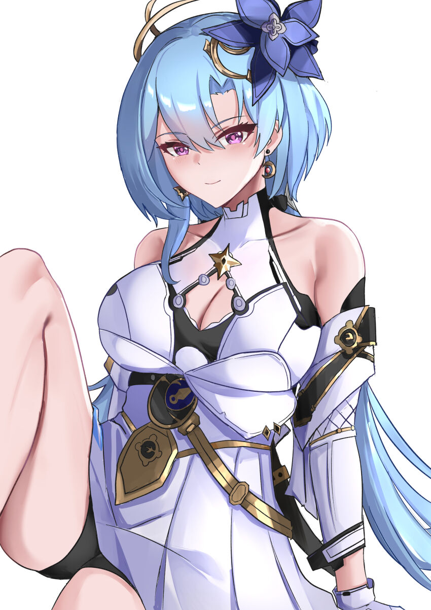 1girl absurdres bare_shoulders black_shorts blue_flower blue_hair breasts cleavage cleavage_cutout closed_mouth clothing_cutout dress earrings flower griseo griseo_(cosmic_expression) hair_flower hair_ornament highres honkai_(series) honkai_impact_3rd indoors jewelry large_breasts long_hair looking_at_viewer shorts simple_background smile solo tian_kazuki twintails very_long_hair white_background white_dress white_sleeves