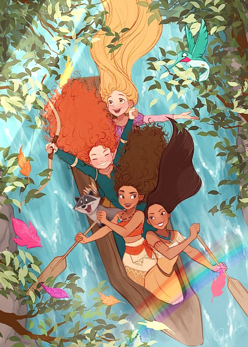 4girls bird blonde_hair bow_(weapon) brave_(pixar) brown_eyes brown_hair canoe commentary crossover curly_hair disney dress english_commentary flit_(disney) green_dress highres holding holding_bow_(weapon) holding_oar holding_weapon hummingbird in-franchise_crossover jewelry leaf long_hair meeko_(disney) melchencanto merida_(brave) mixed-language_commentary moana_(movie) moana_waialiki multiple_crossover multiple_girls native_american native_american_clothes necklace oar open_mouth orange_hair orange_tube_top pocahontas_(disney) pocahontas_(movie) raccoon rapunzel_(disney) river smile strapless tangled tube_top weapon