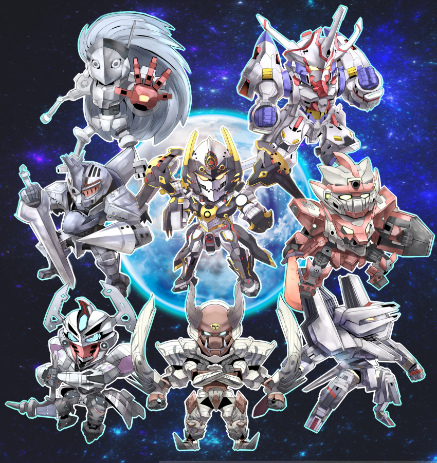 2014 bad_id bad_pixiv_id break_blade captain_earth chibi clenched_hands crossed_arms crossover daimidaler_type-3 delphine_(break_blade) earth_engine_impacter fighting_stance fuuun_ishin_dai_shogun gun highres kenzen_robo_daimidaler m3:_sono_kuroki_hagane mecha mecha_focus multiple_crossover no_humans nobunaga_the_fool nonon_(xenonbot) open_hand planet robot sidonia_no_kishi space super_robot super_robot_wars susanoo_(fuuun_ishin_dai_shogun) sword tenkai_knights tsugumori weapon