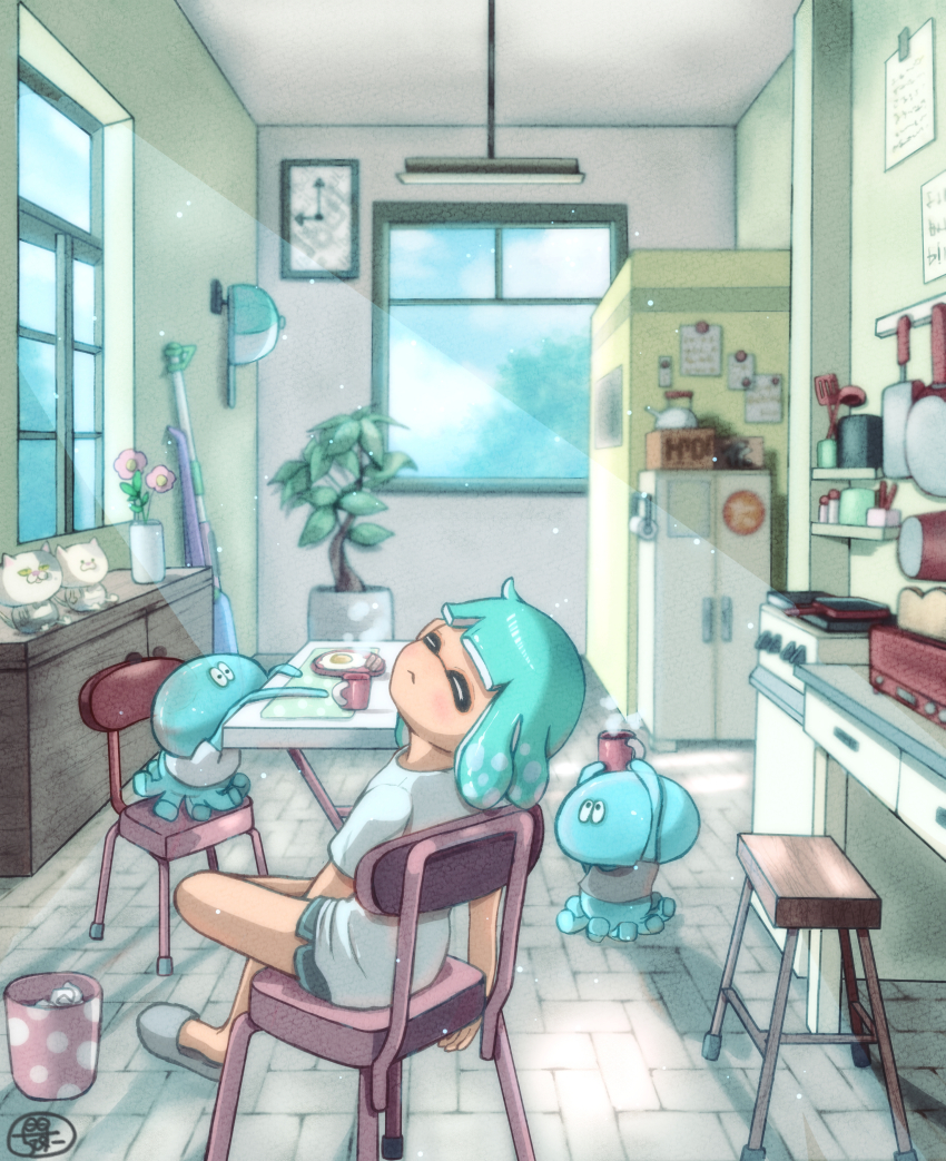1girl :&lt; absurdres aqua_hair aqua_headwear arms_up baseball_cap blue_sky blush box bread bread_slice cabinet chair clock closed_eyes closed_mouth cloud coffee coffee_mug commentary_request cooking_pot crossed_legs crumpled_paper cup day drawer egg_(food) flower food fried_egg frying_pan gun hanging_light hat highres holding holding_cup indoors inkling inkling_girl inkling_player_character jar jellyfish_(splatoon) judd_(splatoon) kitchen ladle li&#039;l_judd_(splatoon) light_particles light_rays moromi_(kscd4482) mug nintendo on_chair paper paper_towel paper_towel_holder pink_flower plant plate potted_plant refrigerator scenery shelf shirt short_hair short_sleeves sitting sky sleeping sleeping_upright slippers spatula splat_charger_(splatoon) splatoon_(series) steam stone_floor stool stove t-shirt table teapot tentacle_hair toast toaster trash_can vase wall_clock weapon white_footwear white_shirt window
