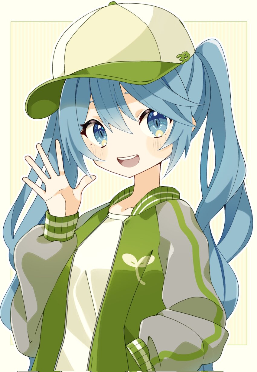 1girl 39 aqua_eyes aqua_hair baseball_cap blush_stickers collarbone commentary glitch green_hat green_jacket hand_in_pocket hand_up hat hatsune_miku highres jacket kusunokimizuha long_hair looking_at_viewer open_mouth shirt smile solo teeth twintails upper_body upper_teeth_only very_long_hair vocaloid waving white_shirt yellow_background