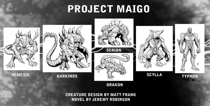 claws commentary crossover drakon_(project_maigo) english_commentary giant giant_monster highres jaw kaiju karkinos_(project_maigo) long_tail matt_frank monster nemesis_(project_nemesis) nemesis_saga no_humans open_mouth project_731 project_maigo project_nemesis scrion_(project_maigo) scylla_(project_maigo) sharp_teeth spines tail teeth typhon_(project_maigo)