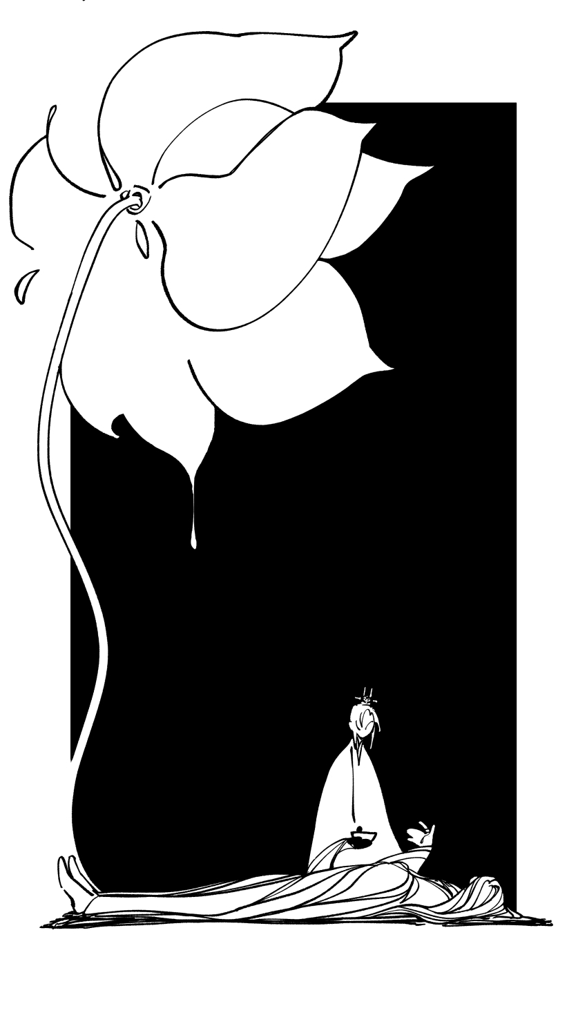 1boy 1girl absurdres black_background border chinese_commentary code:_kite commentary_request faceless faceless_female flower full_body greyscale guanglingwang hand_up highres holding long_hair lotus lying monochrome on_back outside_border oversized_object water_drop weibo_7587683077 white_border yuan_ji_(code:_kite)