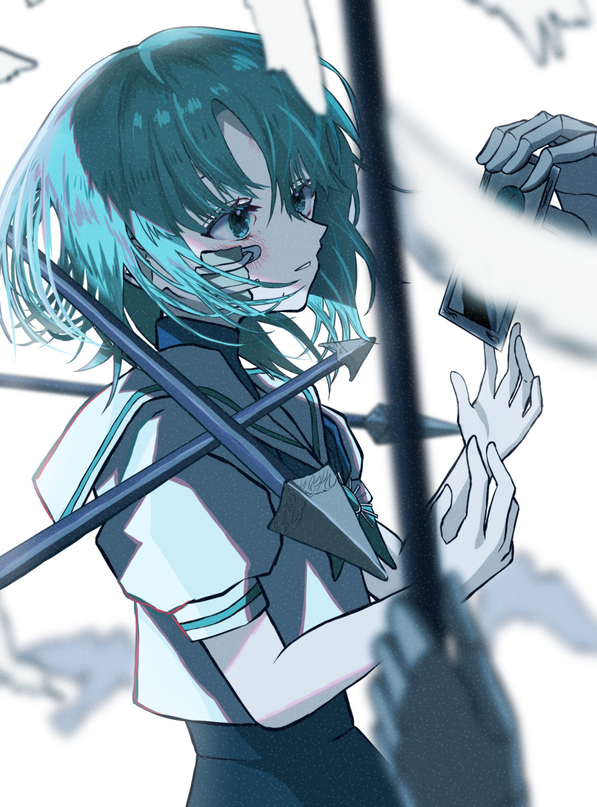 1girl 1other ado_(utaite) akuru-chan_(ado) arrow_(projectile) bandaid bandaid_on_face blue_eyes blue_hair cloud_nine_inc commentary eien_no_akuru_hi highres puffy_short_sleeves puffy_sleeves sailor_collar school_uniform scrape serafuku short_hair short_sleeves solo solo_focus takayou white_background white_sailor_collar