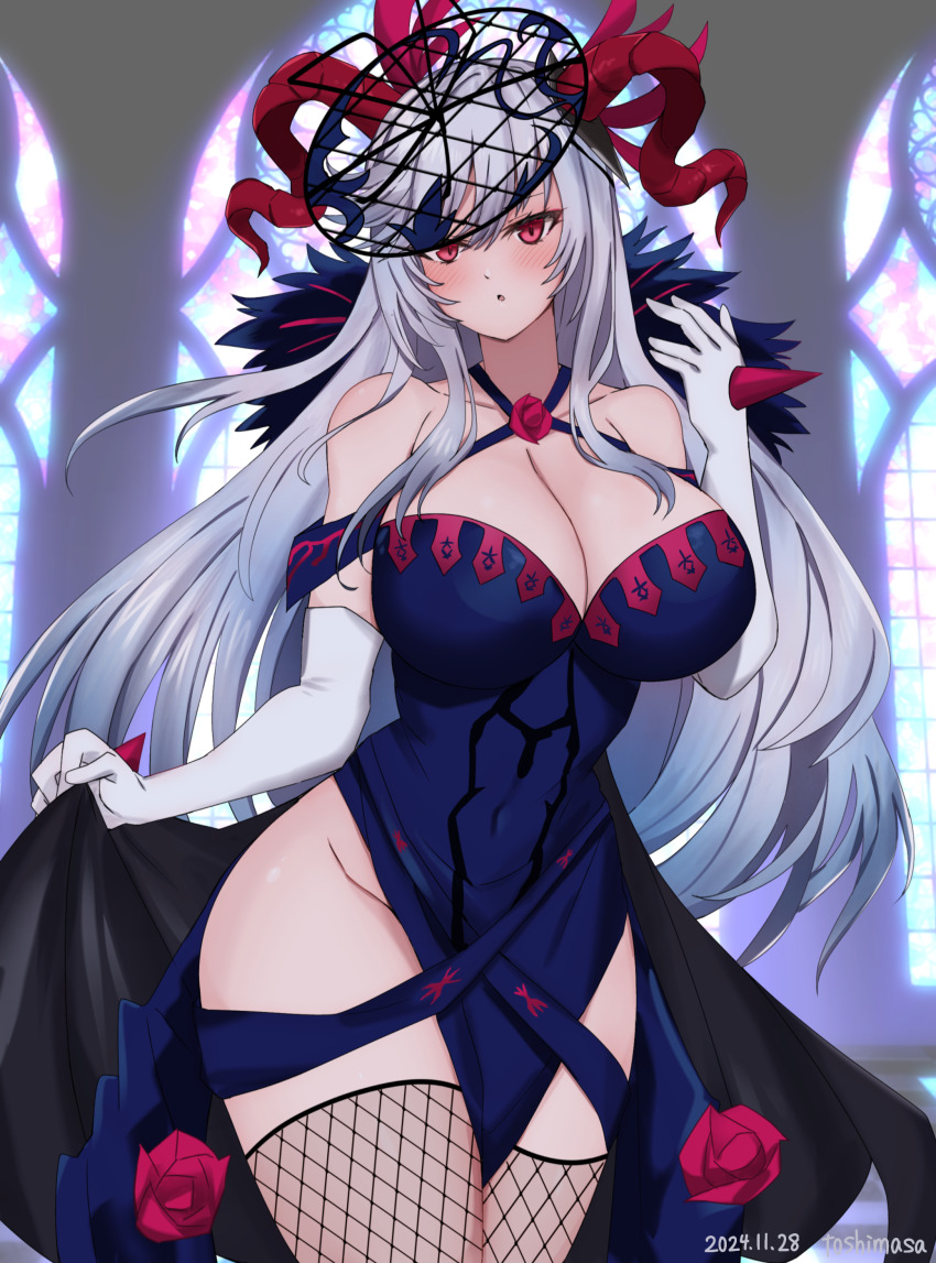 1girl absurdres artist_name bare_shoulders blush breasts cleavage commission cosplay covered_navel cross-laced_clothes cross-laced_dress curled_horns dated dress elbow_gloves fascinator fire_emblem fire_emblem_engage fire_emblem_heroes fishnet_thighhighs fishnets flower flower_brooch freyja_(fire_emblem) gloves goat_horns grey_hair groin hair_ornament halter_dress halterneck highres horns indoors ivy_(fire_emblem) ivy_(fire_emblem)_(cosplay) knee_up large_breasts large_horns long_hair looking_at_viewer nintendo off-shoulder_dress off_shoulder open_mouth petals pixiv_commission red_eyes red_horns rose_petals see-through_clothes see-through_headwear solo spiked stained_glass taut_clothes taut_dress thighhighs thorn_print toshima19699496 white_gloves white_hair