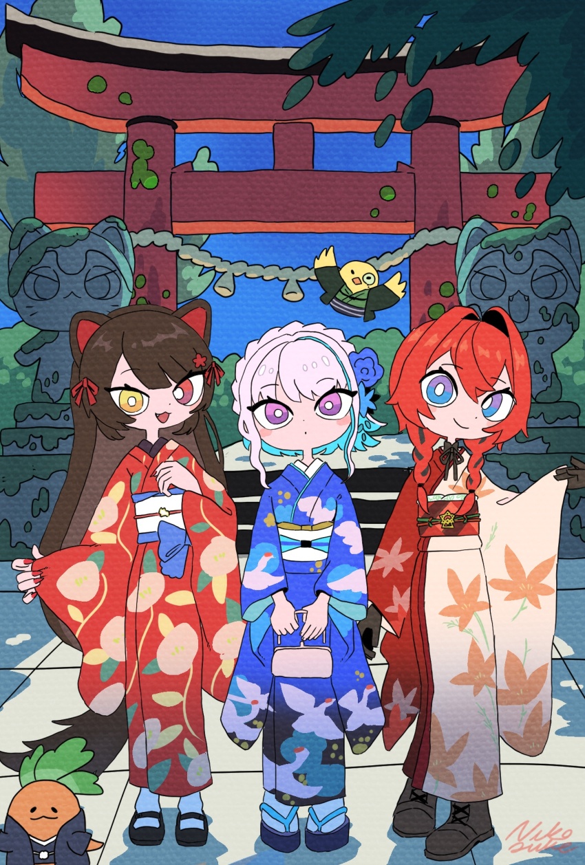3girls ange_katrina ange_katrina_(new_year) animal_ears ban_(inui_toko) bird boots braid chibi dog_ears dog_girl fang floral_print floral_print_kimono heterochromia highres inui_toko inui_toko_(4th_costume) japanese_clothes ken_(inui_toko) kimono lize_helesta lize_helesta_(6th_costume) mandragora_(ange_katrina) multiple_girls nijisanji nikosuke_(nikosuke_taro) okobo platform_sandals print_kimono red_eyes red_hair sandals sebastian_piyodore shrine smile torii twin_braids virtual_youtuber yellow_bird yellow_eyes