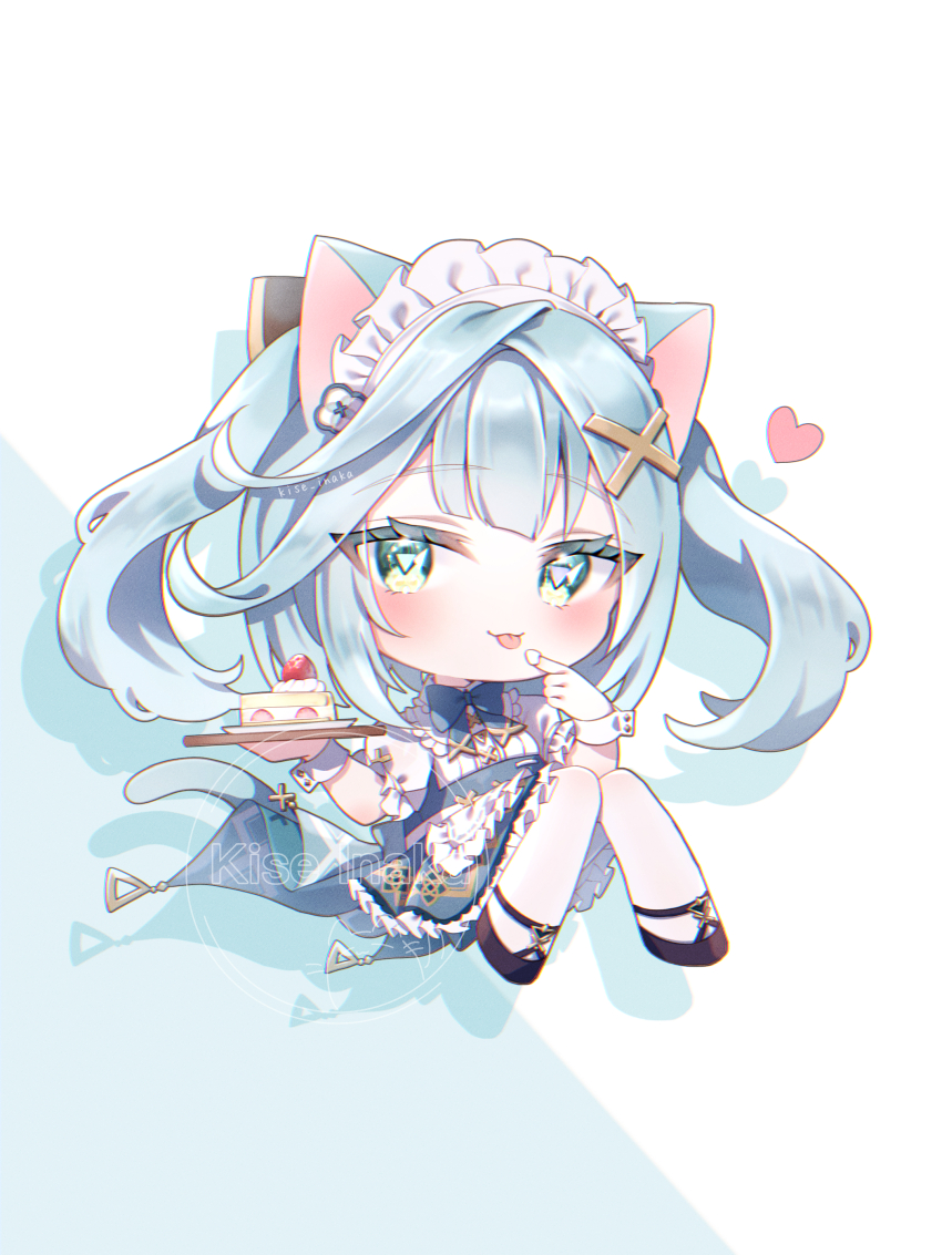 1girl :p absurdres alternate_costume animal_ears aqua_hair blue_dress blunt_bangs blush cake cake_slice cat_ears cat_tail commentary_request dress faruzan_(genshin_impact) food food_on_hand frilled_hairband frills fruit genshin_impact green_eyes hair_ornament hairband highres holding holding_tray kise_inaka long_hair looking_at_viewer maid maid_headdress shadow solo strawberry symbol-shaped_pupils tail tongue tongue_out tray triangle-shaped_pupils twitter_username very_long_hair white_hairband white_wrist_cuffs wrist_cuffs x_hair_ornament