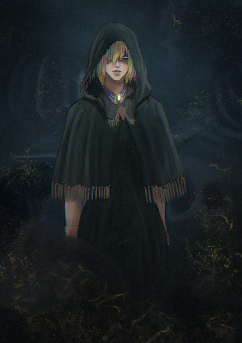 1girl absurdres arms_at_sides blonde_hair blue_eyes cloak dark_background dress elden_ring fia_the_deathbed_companion foxxarius fringe_trim glowing glowing_eye green_cloak green_dress hair_over_one_eye highres hood hood_up looking_at_viewer medium_hair shadow yellow_brooch