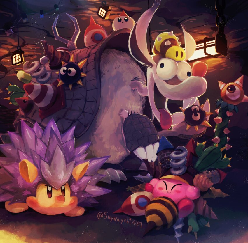 ^_^ armadillo buck_teeth cactus character_request closed_eyes closed_mouth clutter_needle_kirby colored_skin copy_ability cross-eyed gordo happy hedgehog highres jabhog kirby kirby_(series) kirby_and_the_forgotten_land lantern light_blush light_particles needle_kirby needlous nintendo no_humans open_mouth pink_skin plant potted_plant red_footwear rocket shoes sillydillo sitting smile suyasuyabi teeth tongue totenga traffic_cone twitter_username underground