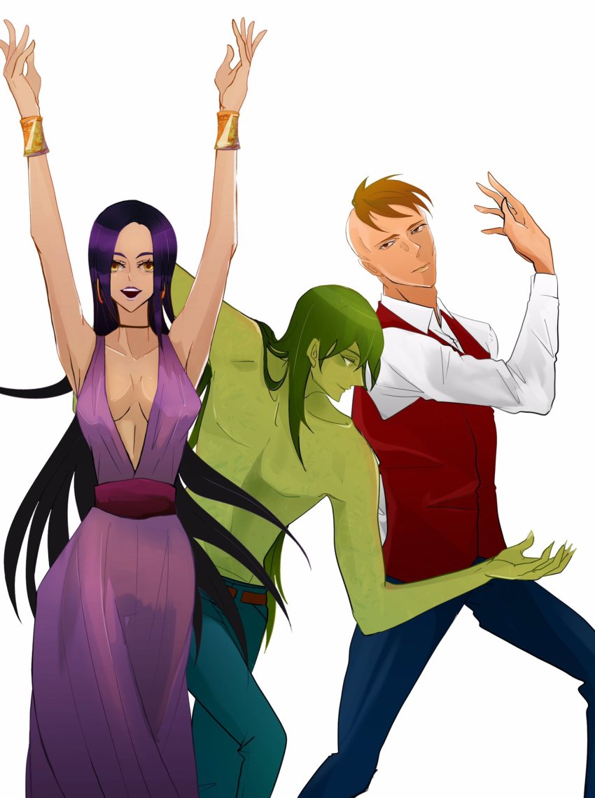 1girl 2boys aeka_(0ameiro0) black_hair bracelet choker colored_skin dress evra_von facial_scar green_hair green_skin highres jewelry larten_crepsley long_hair monster_boy multiple_boys orange_hair scales scar scar_on_cheek scar_on_face short_hair smile the_saga_of_darren_shan truska vest