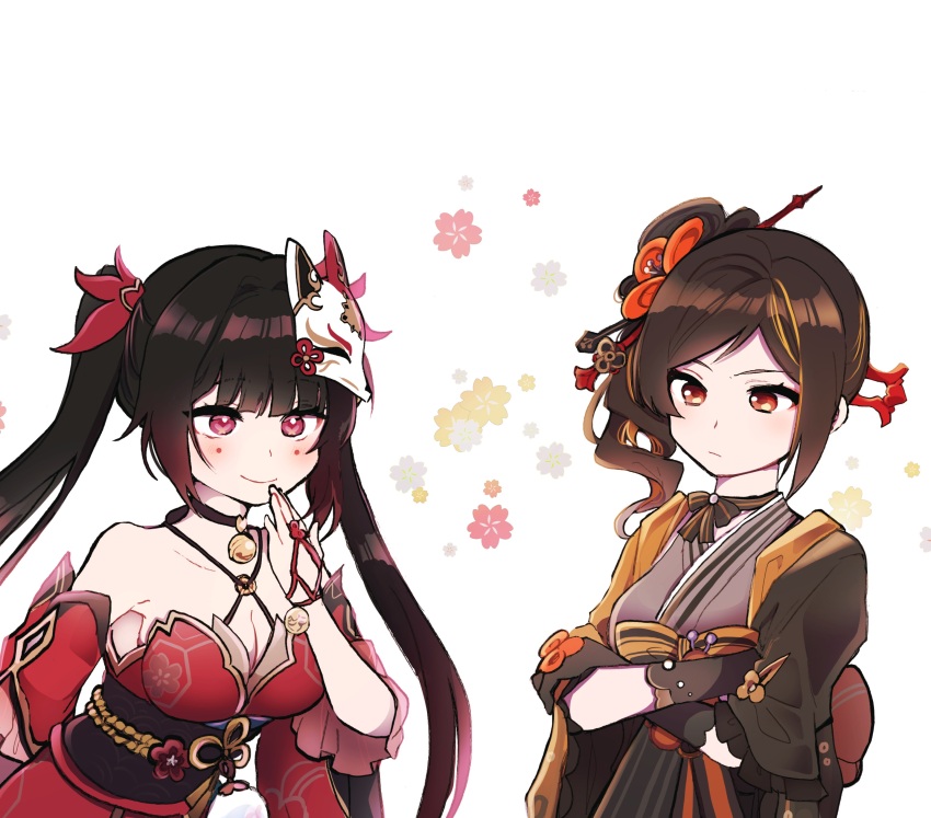 2girls 5rwpvc absurdres bare_shoulders bell black_choker black_hair black_sash breasts brown_hair chiori_(genshin_impact) choker cleavage criss-cross_halter crossed_arms detached_sleeves dress facial_mark fox_mask genshin_impact grey_kimono hair_ornament hair_stick halterneck highres honkai:_star_rail honkai_(series) japanese_clothes kimono long_hair mark_under_both_eyes mask mask_on_head mihoyo multiple_girls neck_bell obi orange_eyes red_dress red_eyes sash short_sleeves side_ponytail simple_background sparkle_(honkai:_star_rail) twintails upper_body very_long_hair white_background