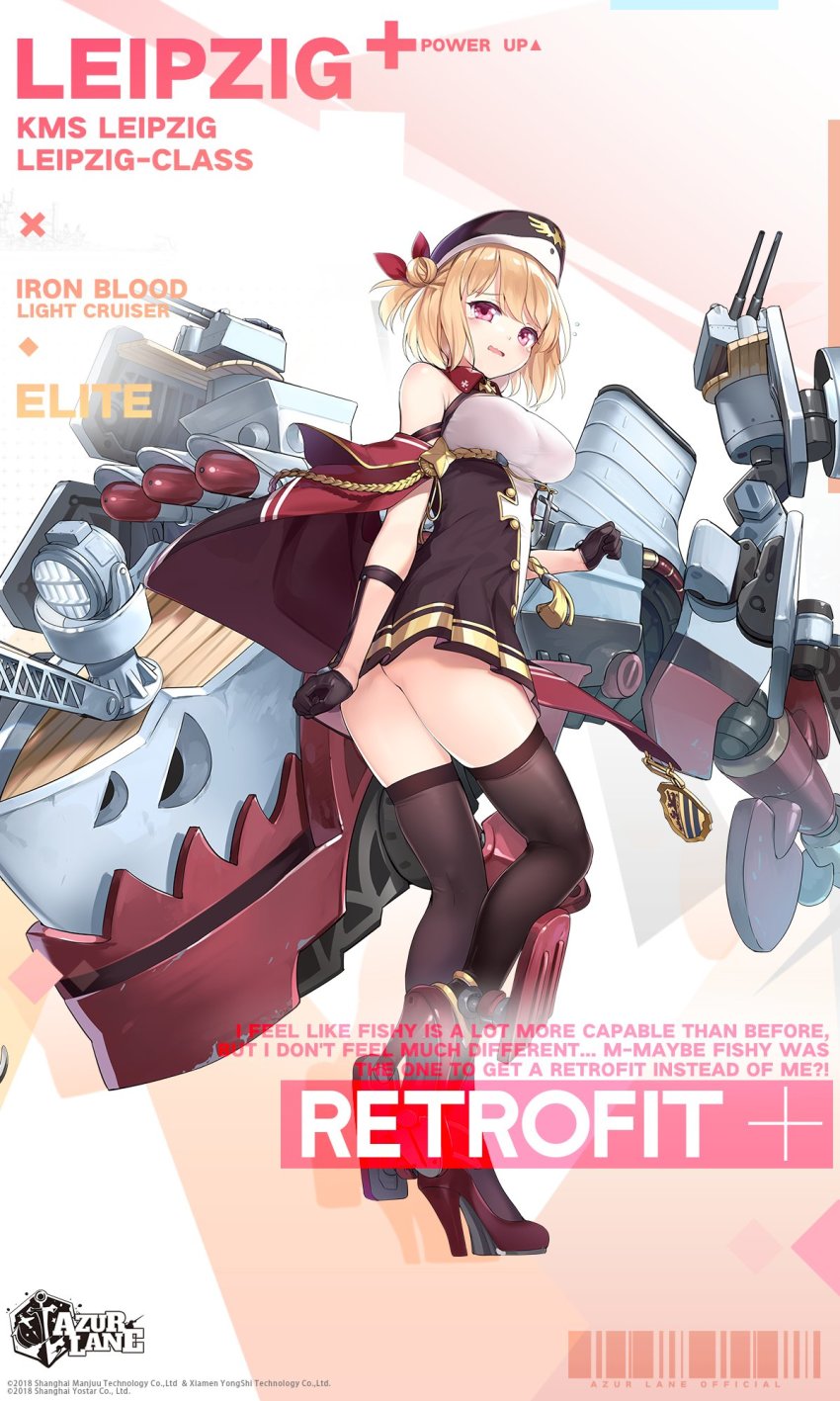 1girl ass azur_lane bare_shoulders black_gloves black_hat black_thighhighs blonde_hair blush breasts buttons character_name commentary copyright_name crane_(machine) dress english_commentary english_text female_focus flying_sweatdrops full_body gloves hair_bun hair_ribbon hat high_heels highres kaede_(yumesaki_kaede) leipzig_(azur_lane) leipzig_(retrofit)_(azur_lane) looking_at_viewer looking_back machinery medium_breasts military_hat official_art one_side_up open_mouth pink_eyes pleated_dress retrofit_(azur_lane) ribbon rudder_footwear second-party_source ship_turret short_dress short_hair side_bun single_hair_bun single_side_bun sleeveless sleeveless_dress smokestack solo standing standing_on_one_leg tears thighhighs thighs torpedo torpedo_launcher twisted_torso wavy_mouth wing_collar
