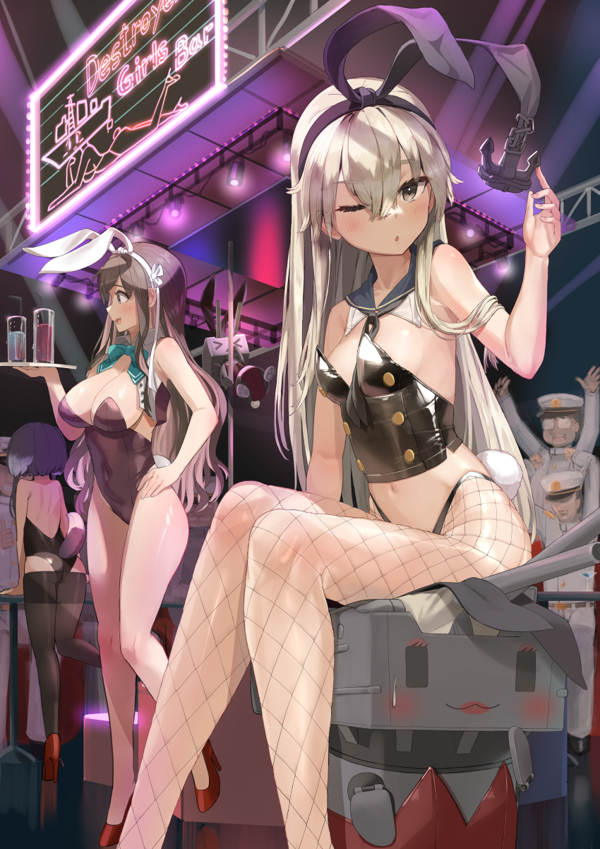 3boys 3girls absurdres animal_ears bar_(place) black_hair black_leotard blonde_hair bow bowtie breasts detached_collar fake_animal_ears fake_tail fishnet_pantyhose fishnets highleg highleg_leotard highres kantai_collection leotard long_hair multicolored_hair multiple_boys multiple_girls naganami_(kancolle) nightclub one_eye_closed osananajimi_neko pantyhose pink_hair playboy_bunny pole pole_dancing rabbit_ears rabbit_tail rensouhou-chan shimakaze_(kancolle) sitting stage_lights strapless strapless_leotard stripper_pole tail tokitsukaze_(kancolle) two-tone_hair wavy_hair