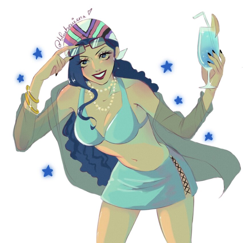 1girl bikini black_nails blue_bikini blue_bra blue_hair blue_skirt blueberriena bra bracelet commentary commission cowboy_shot cross-laced_clothes cross-laced_skirt cup drinking_straw english_commentary eyelashes highres holding holding_cup jewelry long_hair looking_at_viewer necklace one_piece paula_(one_piece) see-through_cardigan simple_background single_sidelock skirt smile solo star_(symbol) swimsuit underwear white_background