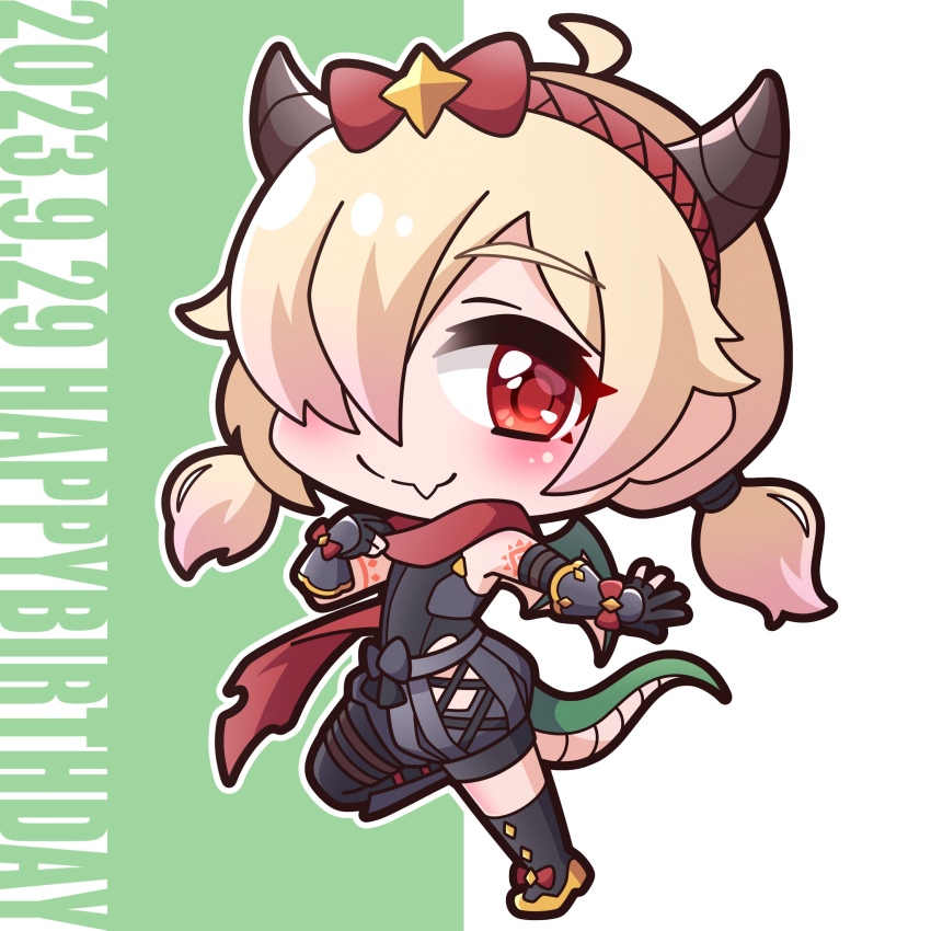 1girl absurdres ahoge arm_guards black_boots black_gloves black_leotard blonde_hair blush boots bow chibi closed_mouth commentary dated dragon_girl dragon_horns dragon_tail fang fang_out full_body gloves green_background grey_shorts hair_over_one_eye hairband happy_birthday highres horns inori_(phantom_thief)_(princess_connect!) inori_(princess_connect!) knee_boots leotard leotard_under_clothes low_twintails partially_fingerless_gloves princess_connect! puffy_shorts red_bow red_eyes red_hairband saishosaisekojo shorts single_knee_boot smile solo standing standing_on_one_leg tail twintails two-tone_background white_background