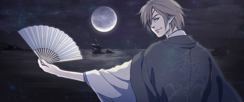 brown_eyes brown_hair date_masamune eyepatch folding_fan hand_fan japanese_clothes kimono lake male_focus moon night rock sengoku_musou swept_bangs