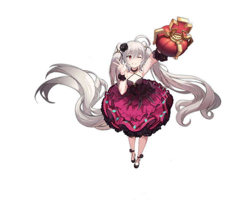 1girl ;q absurdly_long_hair alisa_(kuro_no_sakura) artist_request azur_lane bare_shoulders black_flower black_footwear check_artist crown detached_collar detached_sleeves dress evening_gown flower frilled_dress frills from_above hair_flower hair_ornament highres holding holding_crown layered_dress long_hair official_alternate_costume official_art one_eye_closed red_dress red_eyes sleeveless sleeveless_dress tongue tongue_out transparent_background twintails valiant_(azur_lane) valiant_(queen_valiant_i)_(azur_lane) very_long_hair