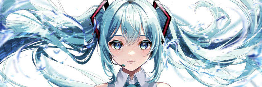 1girl aqua_eyes aqua_hair aqua_necktie collared_shirt commentary_request hair_between_eyes hair_ornament hatsune_miku headset highres long_hair looking_at_viewer necktie parted_lips sakusakupenpen shirt simple_background solo twintails very_long_hair vocaloid water white_background white_shirt
