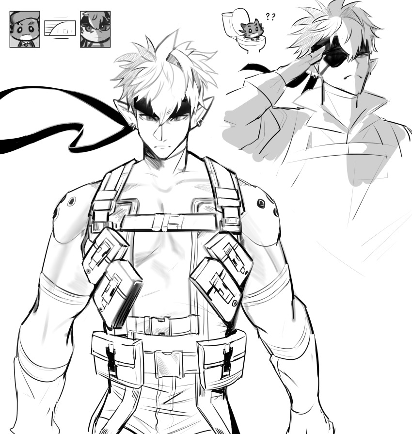 ? ?? absurdres belt_pouch beret big_boss big_boss_(cosplay) bodysuit buckle chest_harness codec_call cosplay creature crimzon_ruze earrings extra_eyes eyepatch frown hair_between_eyes harness hat headband highres holostars holostars_english jewelry looking_at_viewer metal_gear_(series) metal_gear_solid_2:_sons_of_liberty metal_gear_solid_3:_snake_eater monochrome naked_snake naked_snake_(cosplay) pointy_ears pouch raacos roy_campbell roy_campbell_(cosplay) ruzader_(crimzon_ruze) salute snap-fit_buckle sneaking_suit solid_snake solid_snake_(cosplay) sweatdrop toilet virtual_youtuber
