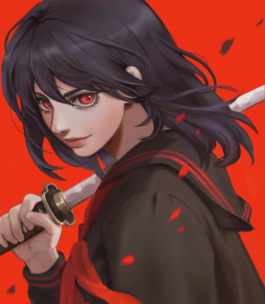 1girl chinese_commentary closed_mouth commentary_request eyelashes grey_sailor_collar grey_shirt hair_between_eyes highres holding holding_sword holding_weapon katana lips long_hair looking_at_viewer neckerchief original over_shoulder petals pink_lips purple_hair red_background red_eyes red_neckerchief rose_petals sailor_collar school_uniform serafuku shirt simple_background smile solo sword thick_eyebrows upper_body weapon weapon_over_shoulder youlizi-yuri