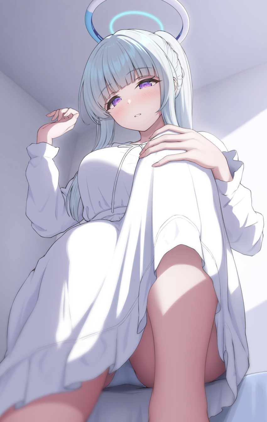 1girl :o absurdres arched_bangs ass bare_legs blue_archive blunt_bangs blush breasts commentary_request dress from_below grey_hair halo highres indoors knee_up large_breasts long_hair long_sleeves looking_at_viewer noa_(blue_archive) noa_(pajamas)_(blue_archive) official_alternate_costume panties pantyshot ponytail purple_eyes sitting sleepwear solo topgear underwear white_dress white_panties