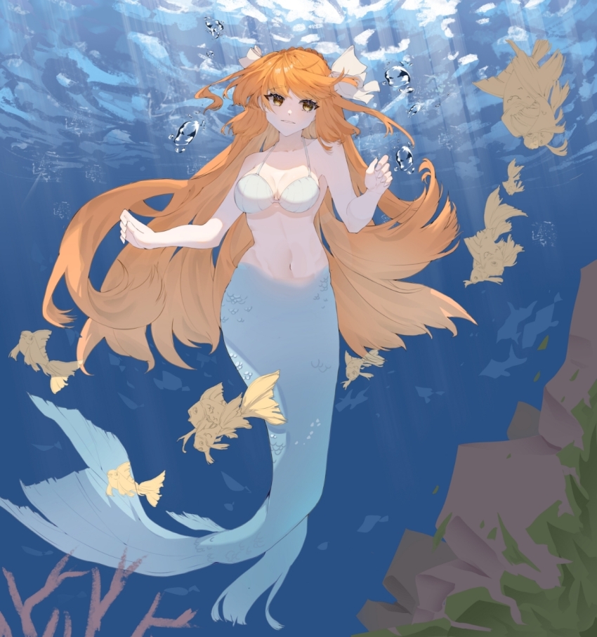 1girl bikini bikini_top_only blue_tail breasts coral fish full_body highres ishmael_(project_moon) limbus_company long_hair medium_breasts mermaid monster_girl monsterification navel orange_hair project_moon shixianyua smile solo stomach submerged swimsuit underwater very_long_hair white_bikini yellow_eyes