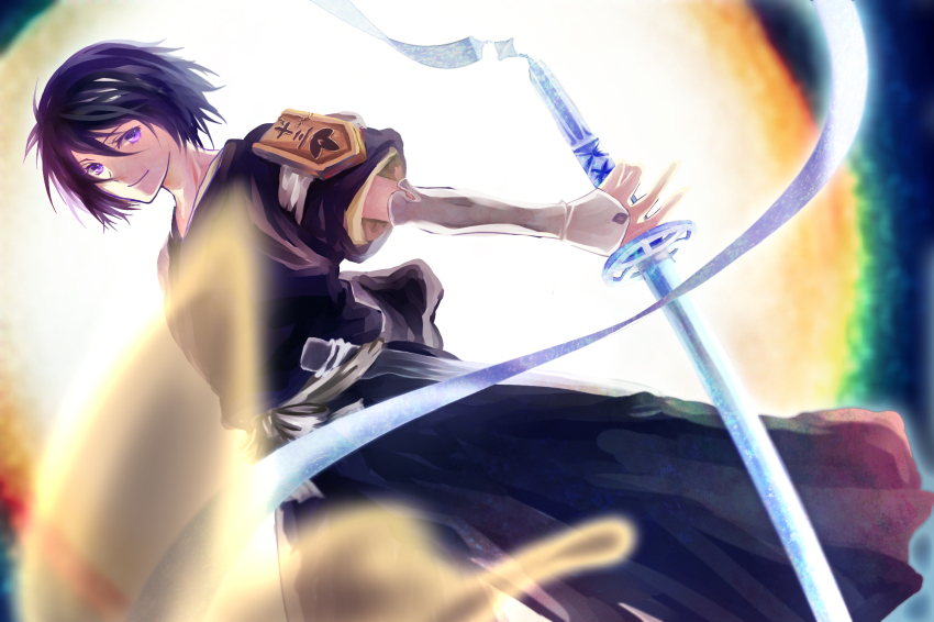 1girl alternate_hairstyle androgynous bad_id bad_pixiv_id badge black_hair bleach female_focus fukutaichou_badge highres kuchiki_rukia lorein purple_eyes reverse_trap shikai short_hair sode_no_shirayuki solo sword weapon