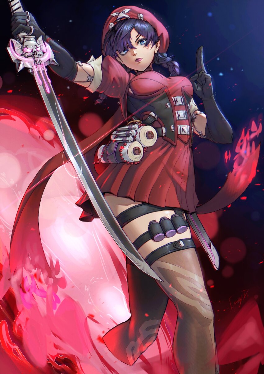 1girl absurdres black_gloves black_thighhighs braid dress eezee_dee elbow_gloves gloves highres holding holding_sword holding_weapon looking_at_viewer marvel marvel_rivals psylocke psylocke_(blood_kariudo) purple_hair red_dress solo sword thigh_strap thighhighs twin_braids weapon x-men
