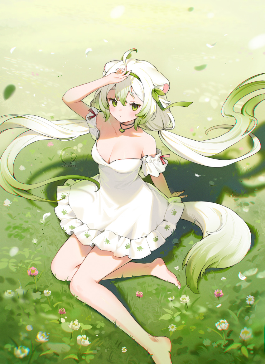 1girl ahoge animal_ear_fluff animal_ears arm_on_own_head bare_legs barefoot breasts cleavage dress ferret_ears ferret_tail gradient_hair grass green_hair hair_ribbon highres indie_virtual_youtuber laimu_(vtuber) long_hair medium_breasts multicolored_hair ribbon sitting solo twintails very_long_hair virtual_youtuber white_dress white_hair yenkoes